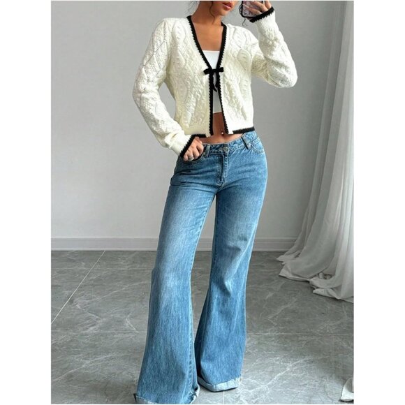 Women's Tie Front Cardigan Sweater V Neck Long Sleeve Crop Classic Cozy - Picture 6 of 6